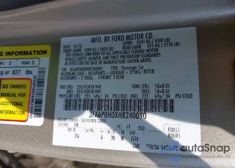 2017 Ford Fusion Se из США, поврежденный, VIN 3FA6P0HDXHR240090